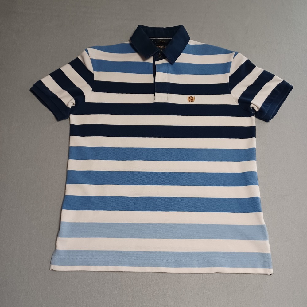 Fahrenheit‎ Rugby Mens Blue White Striped Short Sleeve Polo Shirt Size M Crest
